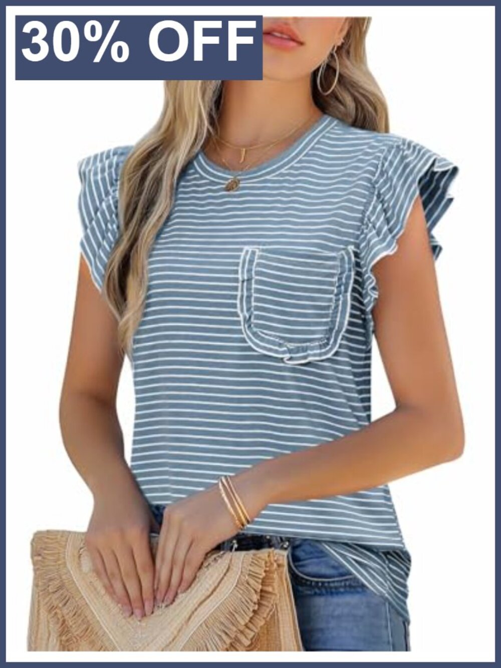 Womens Striped Ruffle Short Sleeve T-Shirt Crew Neck Relaxed Fit Summer Top